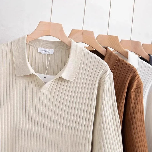 New Summer Men's Knitted Light Business Casual Fashionable Striped Silk Polo Shirt Half Open Collar Versatile for All Occasions