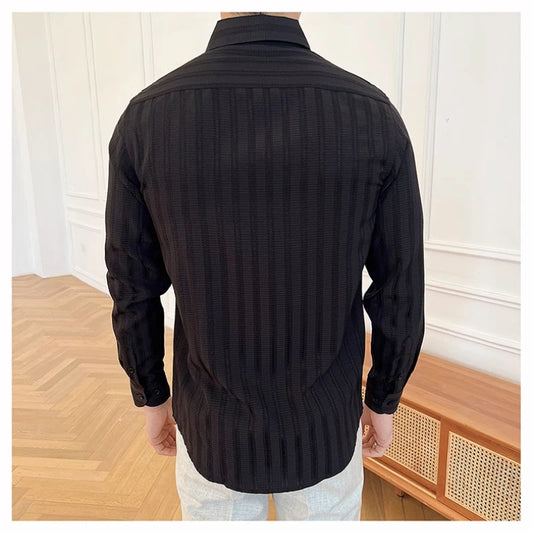 Men's Vintage Stripe V-Neck Shirt - Light Beige Long Sleeve with Soft Drape | Tailored for Casual & Formal Elegance