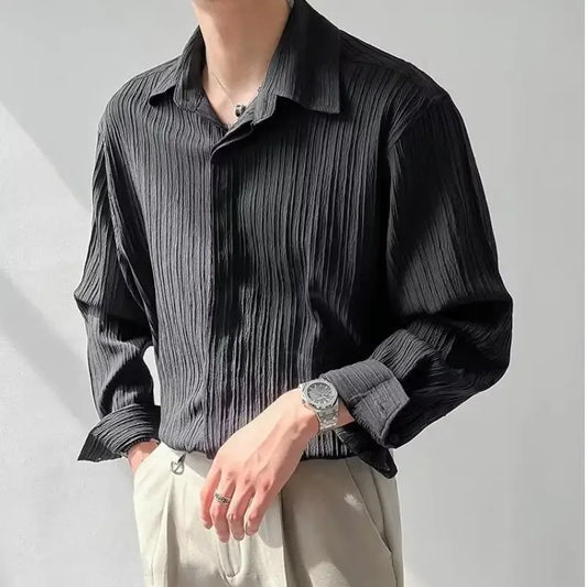 Trendy Stylish Striped No-iron Shirt Autumn Texture Top Korean Version Loose-fit Casual Long Sleeves Shirt For Men