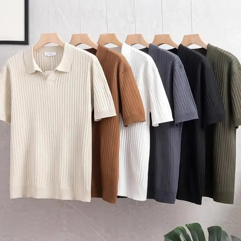 New Summer Men's Knitted Light Business Casual Fashionable Striped Silk Polo Shirt Half Open Collar Versatile for All Occasions