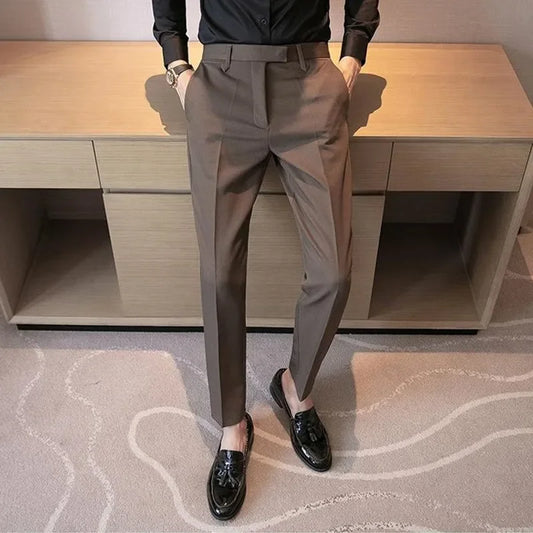 British Gentleman's Coffee Color Suit Pants Small Footed Business Draped Style Men's Trousers Elegant Casual Chic